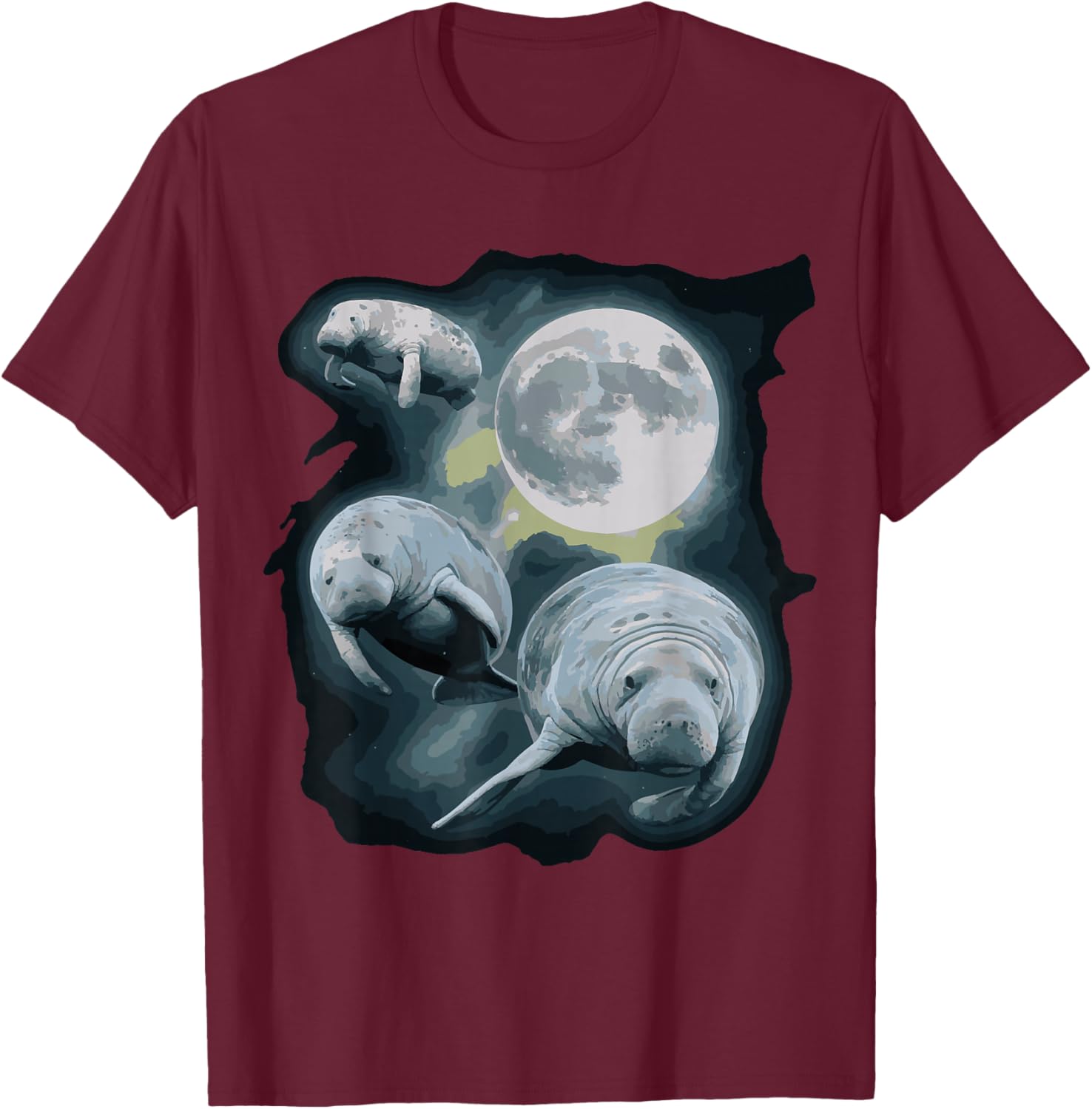 Three Manatee Howling At The Moon T-Shirt - T-Shirt | Maroon