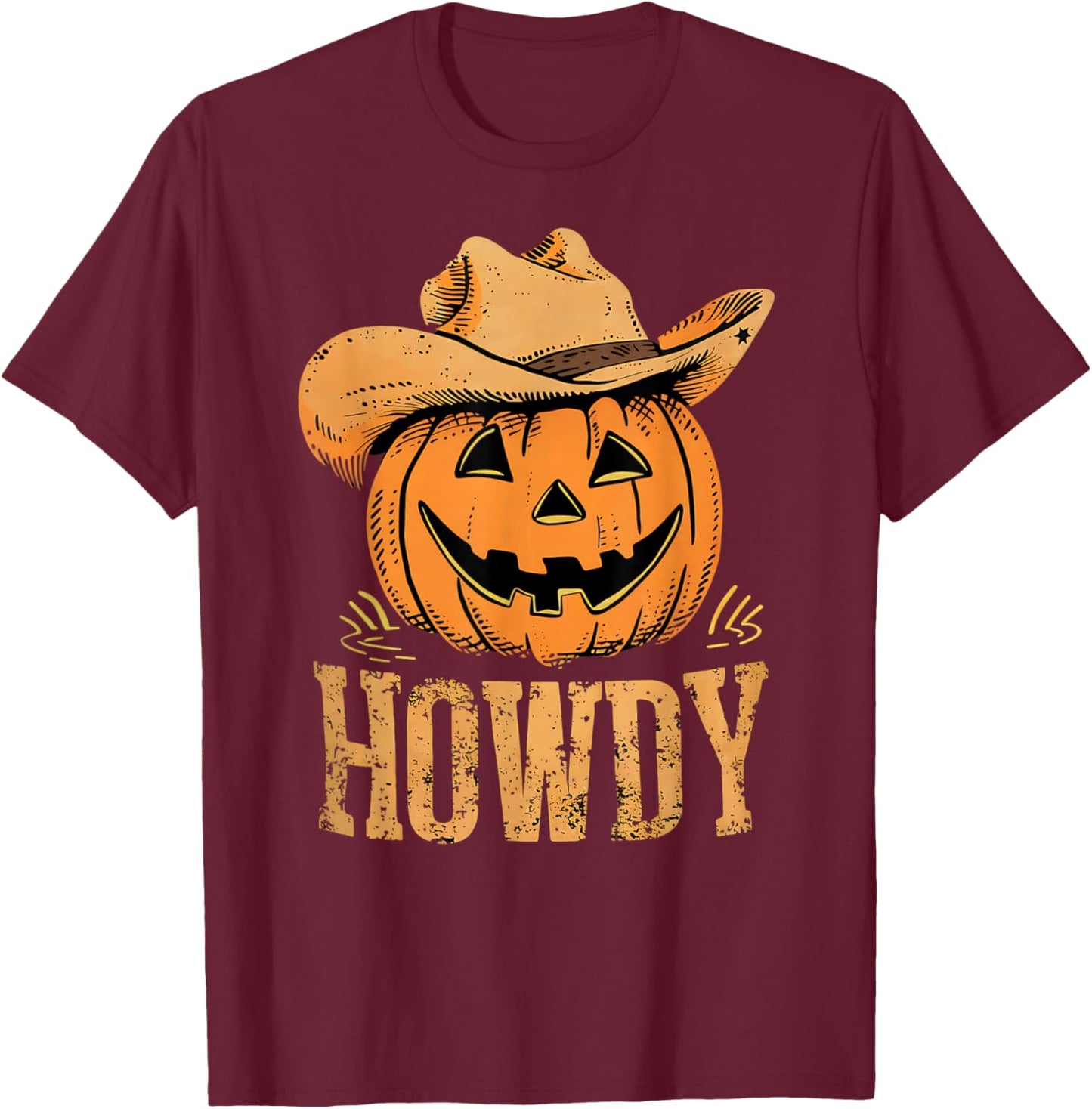Western Rodeo Festive Cowboy Pumpkin Howdy Halloween T-Shirt - T-Shirt | Maroon
