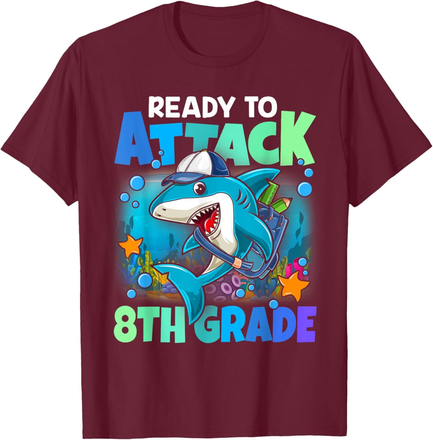 Ready To Attack 8th grade Shark Back To School Boys Kids T-Shirt - T-Shirt | Maroon