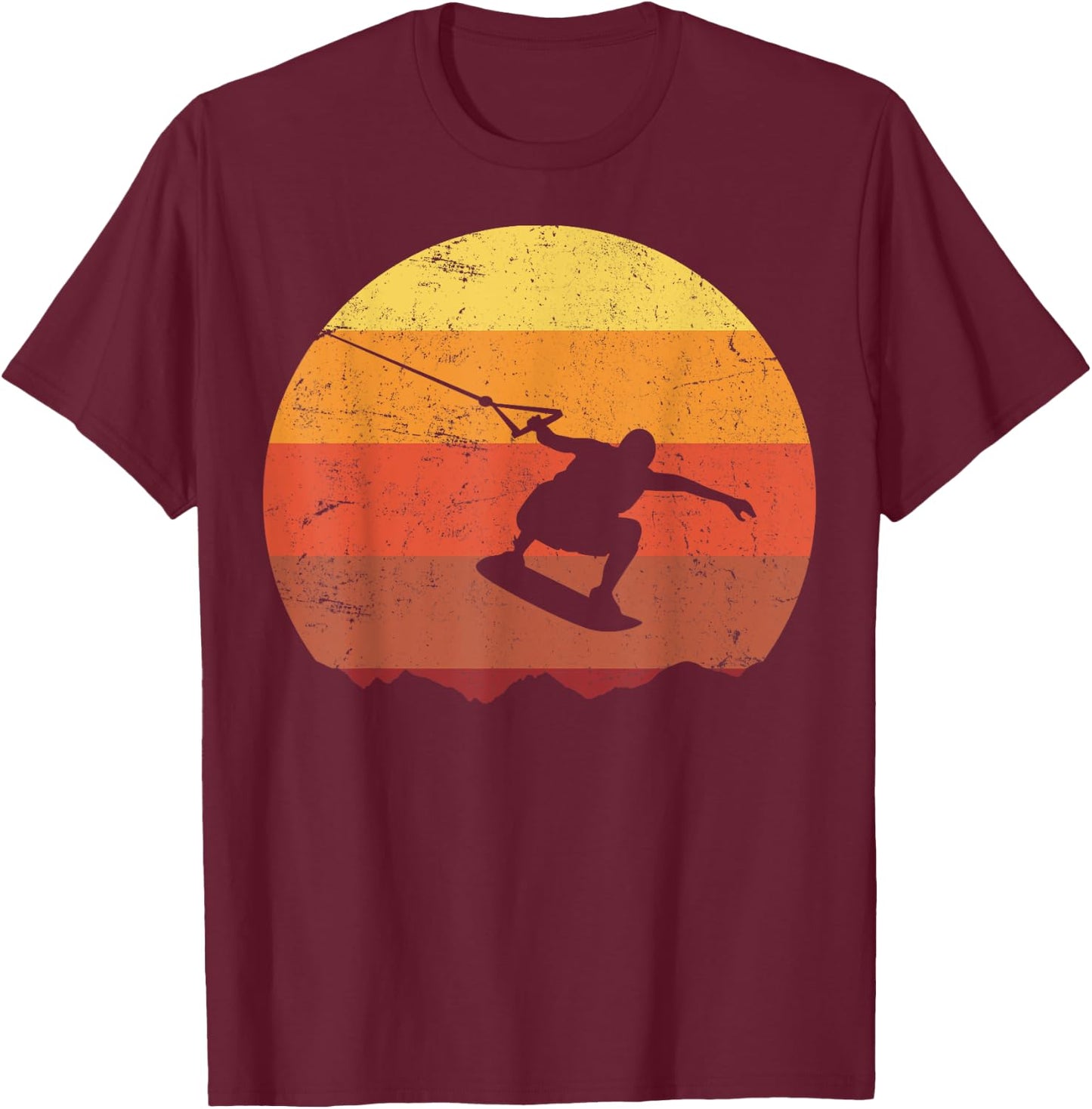 Retro Sunset Wakeboard , Men's Black Graphic Short Sleeve T-Shirt - T-Shirt | Maroon