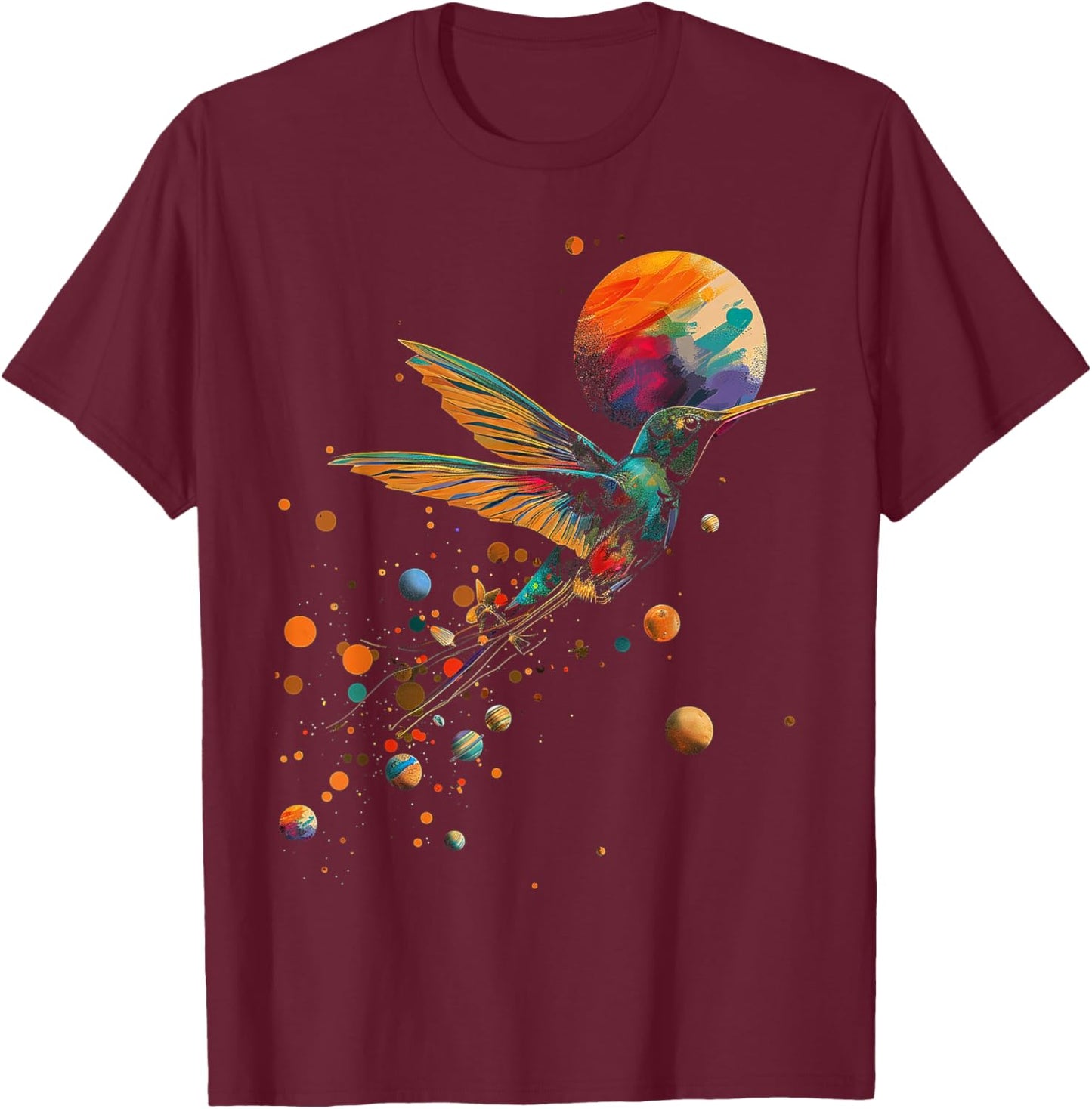 Hummingbird Colorful Planets Geometric Animal Artwork Bird T-Shirt - T-Shirt | Maroon