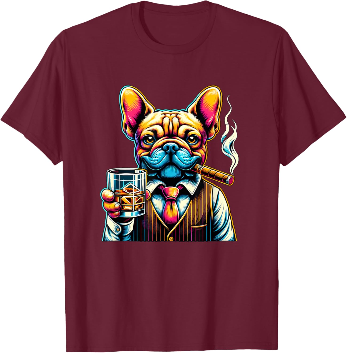 Frenchie dog Cigar And Whiskey Men Women T-Shirt - T-Shirt | Maroon
