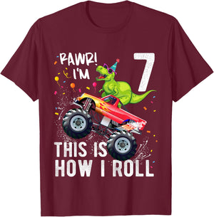 T Rex Dinosaur Monster Truck 7th Birthday Boys and Girls T-Shirt - T-Shirt | Maroon