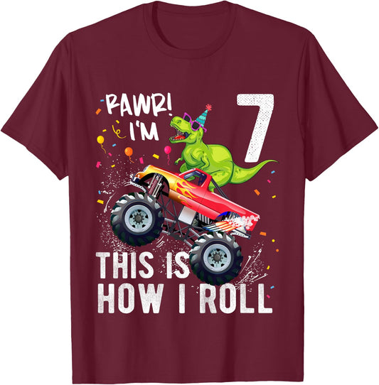 T Rex Dinosaur Monster Truck 7th Birthday Boys and Girls T-Shirt - T-Shirt | Maroon