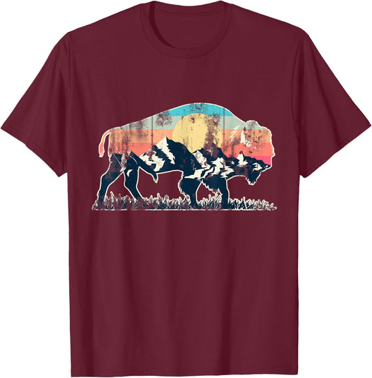 Sunset Landscape Buffalo T-Shirt - T-Shirt | Maroon