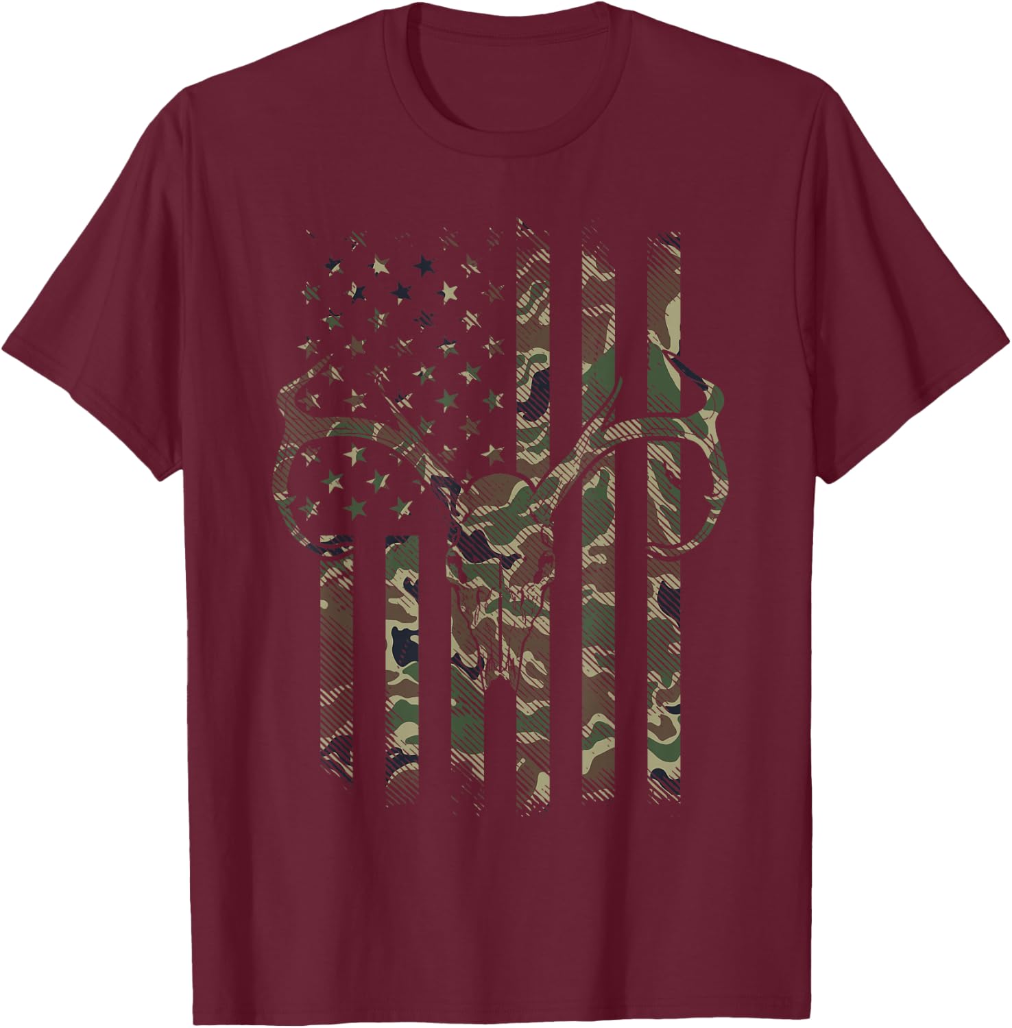 Camo American Flag Deer Skull Elk Hunting USA Hunter Gift T-Shirt - T-Shirt | Maroon