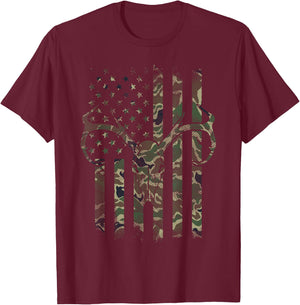 Camo American Flag Deer Skull Elk Hunting USA Hunter Gift T-Shirt - T-Shirt | Maroon