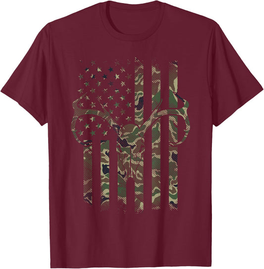 Camo American Flag Deer Skull Elk Hunting USA Hunter Gift T-Shirt - T-Shirt | Maroon