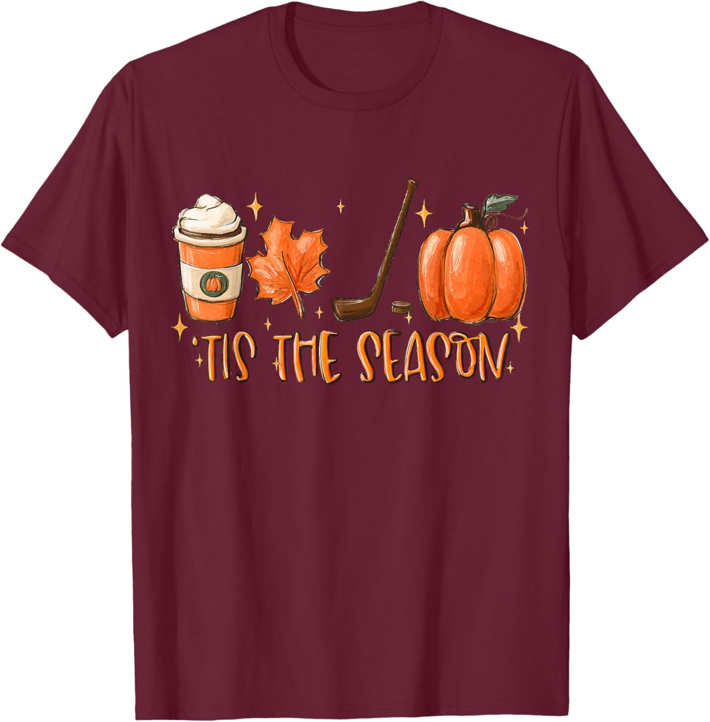 Tis The Season Hockey Latte Leaves Hello Pumpkin Halloween T-Shirt - T-Shirt | Maroon
