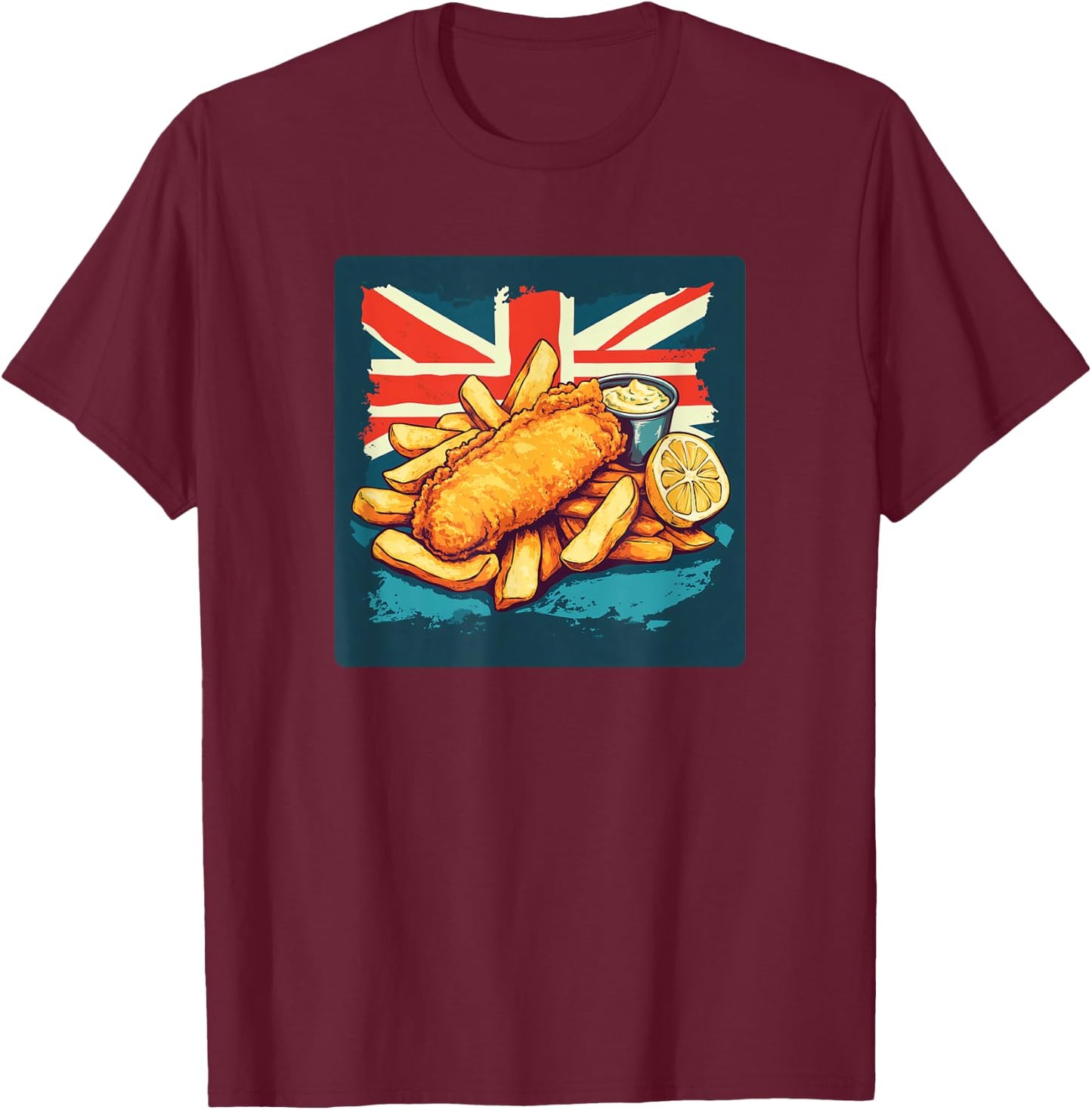 Kawaii Motto Designs Fish and Chips Lover Classic British Food T-Shirt - T-Shirt | Maroon