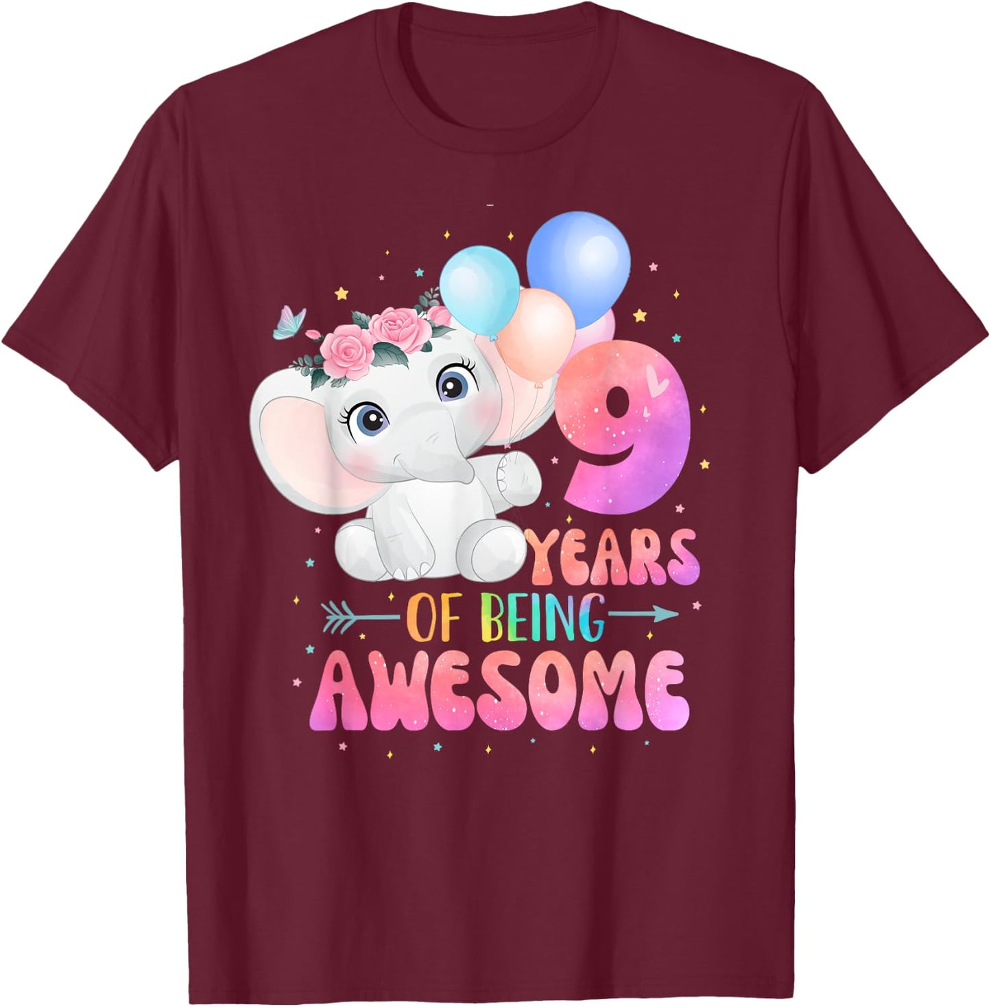 9 Years Of Being Awesome Cute Elephant 9th Birthday Girl T-Shirt - T-Shirt | Maroon