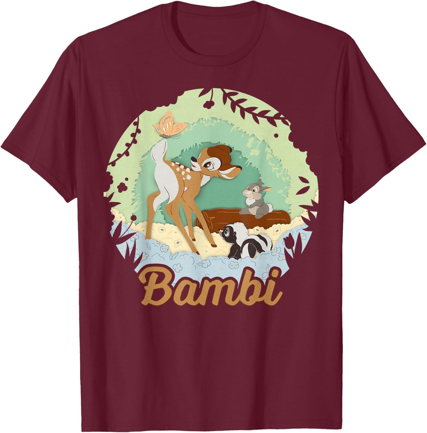 Disney Bambi Thumper And Flower Paper Cut Portrait T-Shirt - T-Shirt | Maroon