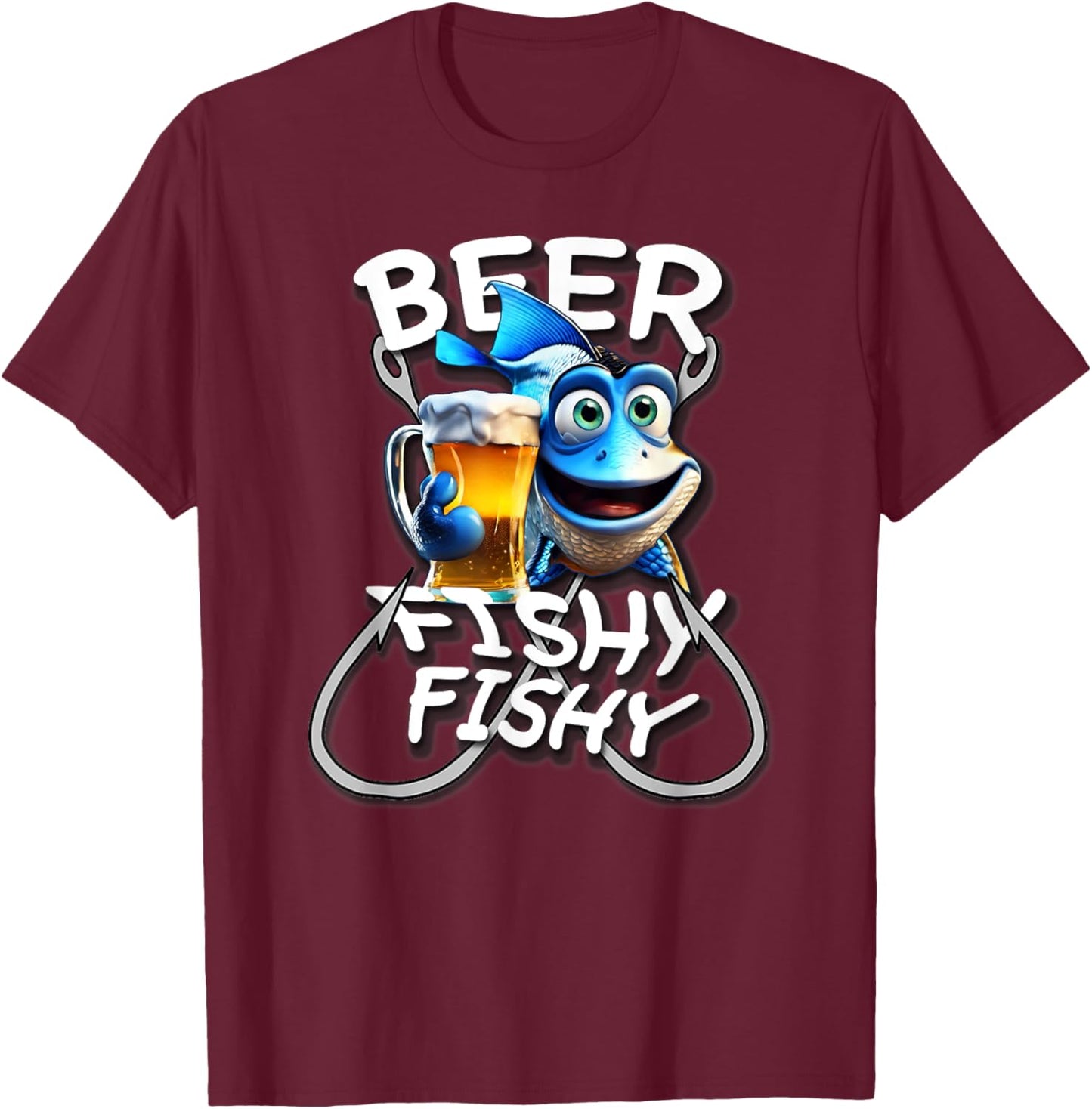 Beer Fishy Fishy Funny Fish Holding A Beer, By Yoraytees T-Shirt - T-Shirt | Maroon
