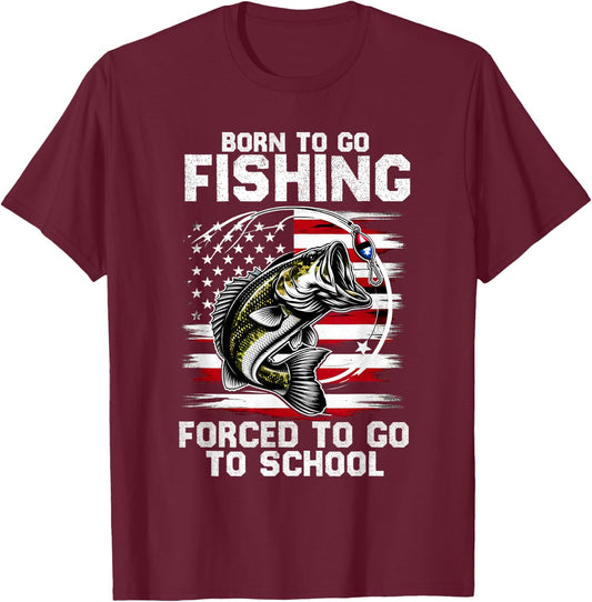 Born To Go Fishing Forced School Funny Fishing Kids Boys T-Shirt - T-Shirt | Maroon
