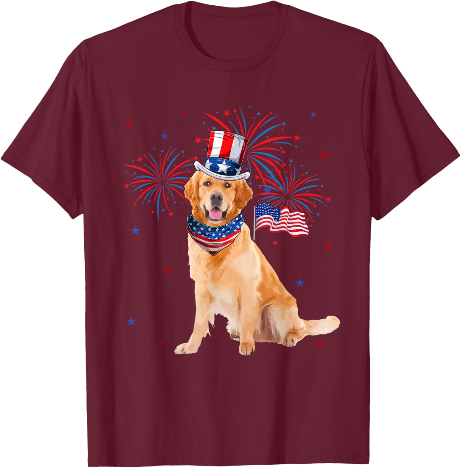 Golden Retriever Costume American Flag 4th of July Fireworks Women Kids Men T-Shirt - T-Shirt | Maroon