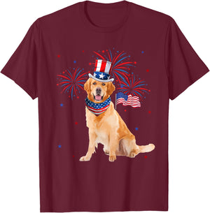 Golden Retriever Costume American Flag 4th of July Fireworks Women Kids Men T-Shirt - T-Shirt | Maroon