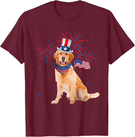 Golden Retriever Costume American Flag 4th of July Fireworks Women Kids Men T-Shirt - T-Shirt | Maroon