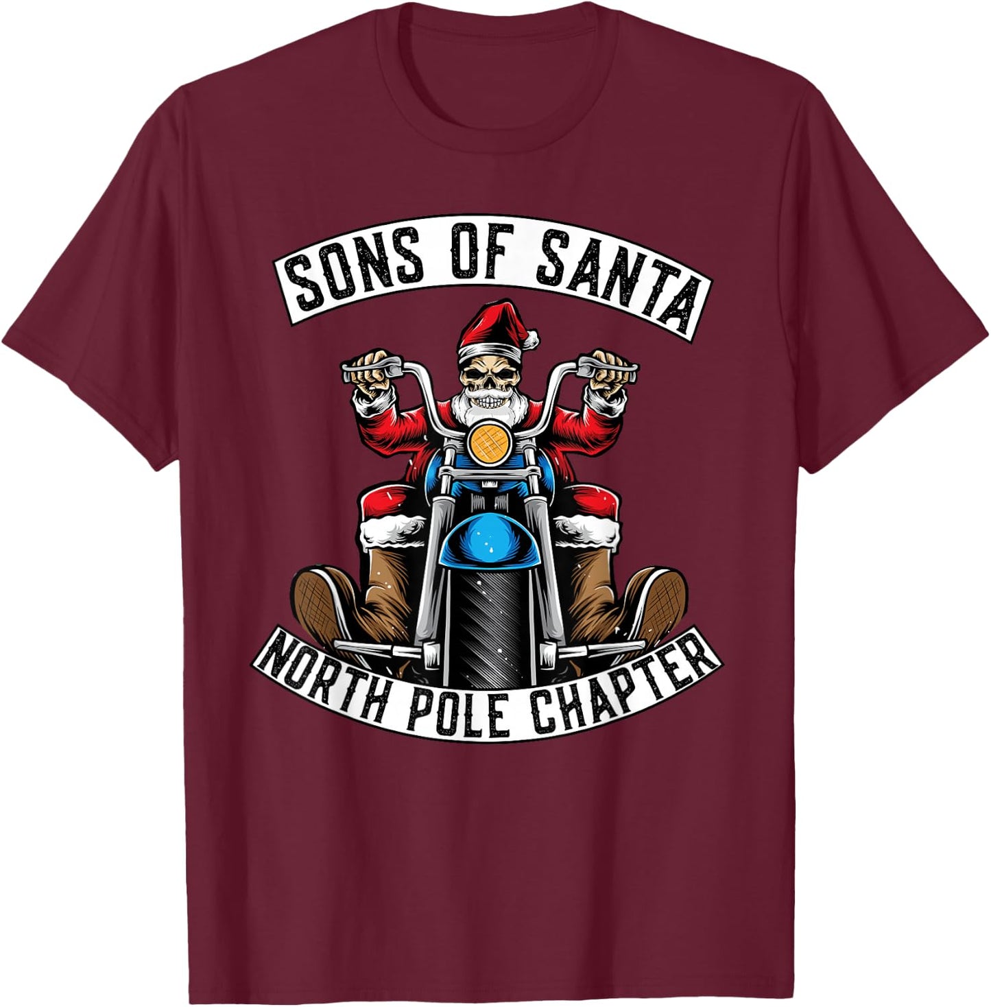 Sons Of Santa Merry Christmas Rocker Motorcycle Skeleton T-Shirt - T-Shirt | Maroon