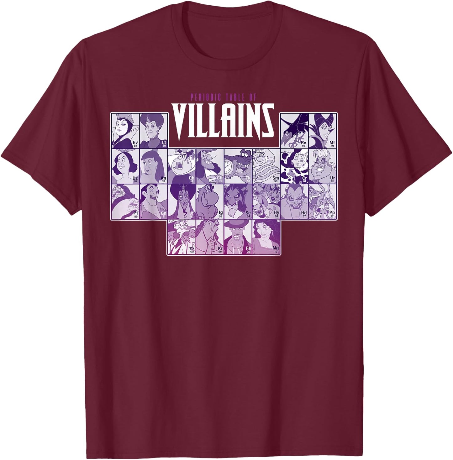 Disney Villains Periodic Table of Villains Group Shot Small T-Shirt - T-Shirt | Maroon
