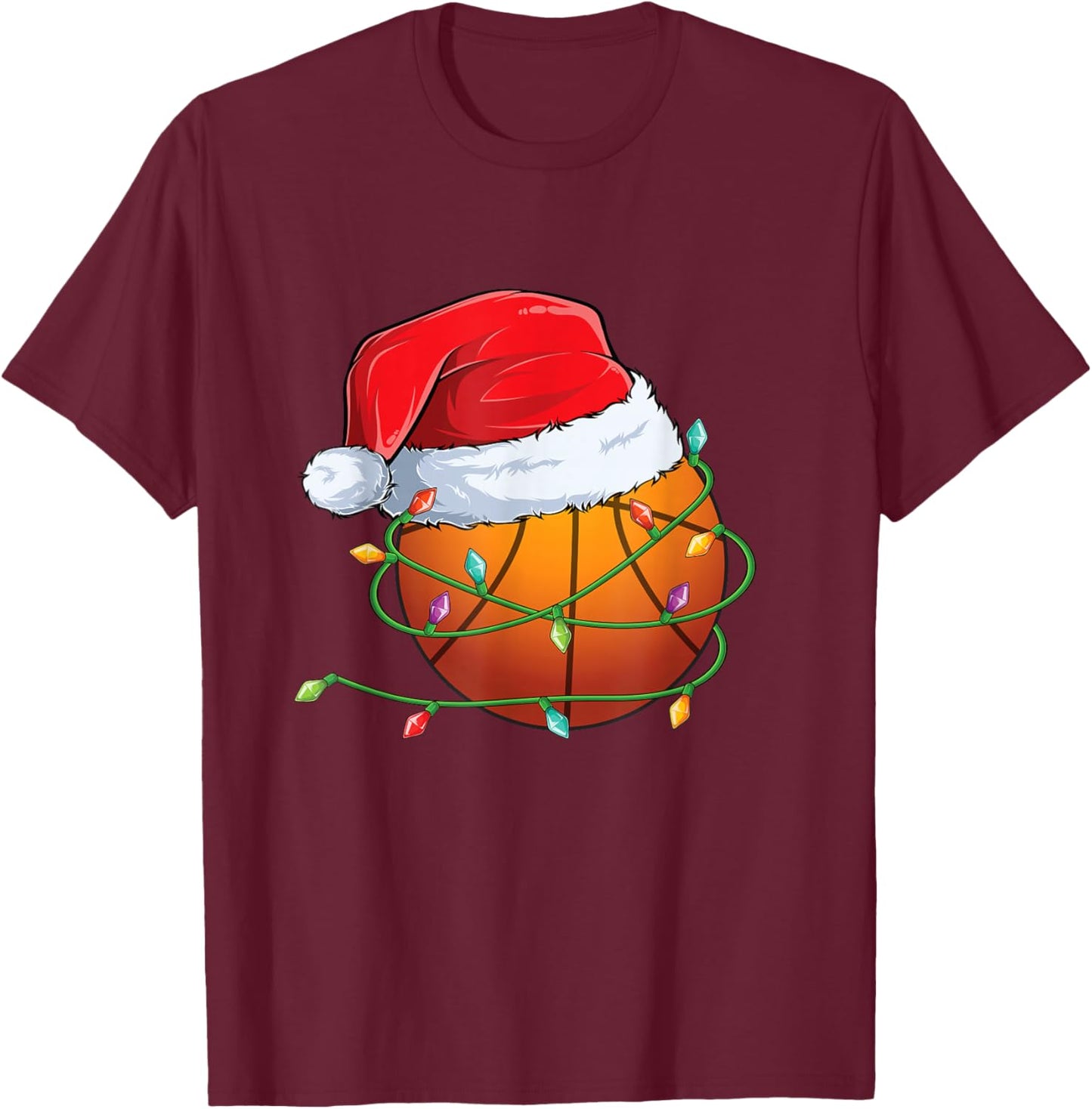 Christmas Basketball Santa Hat wrapped in Holiday Lights T-Shirt - T-Shirt | Maroon