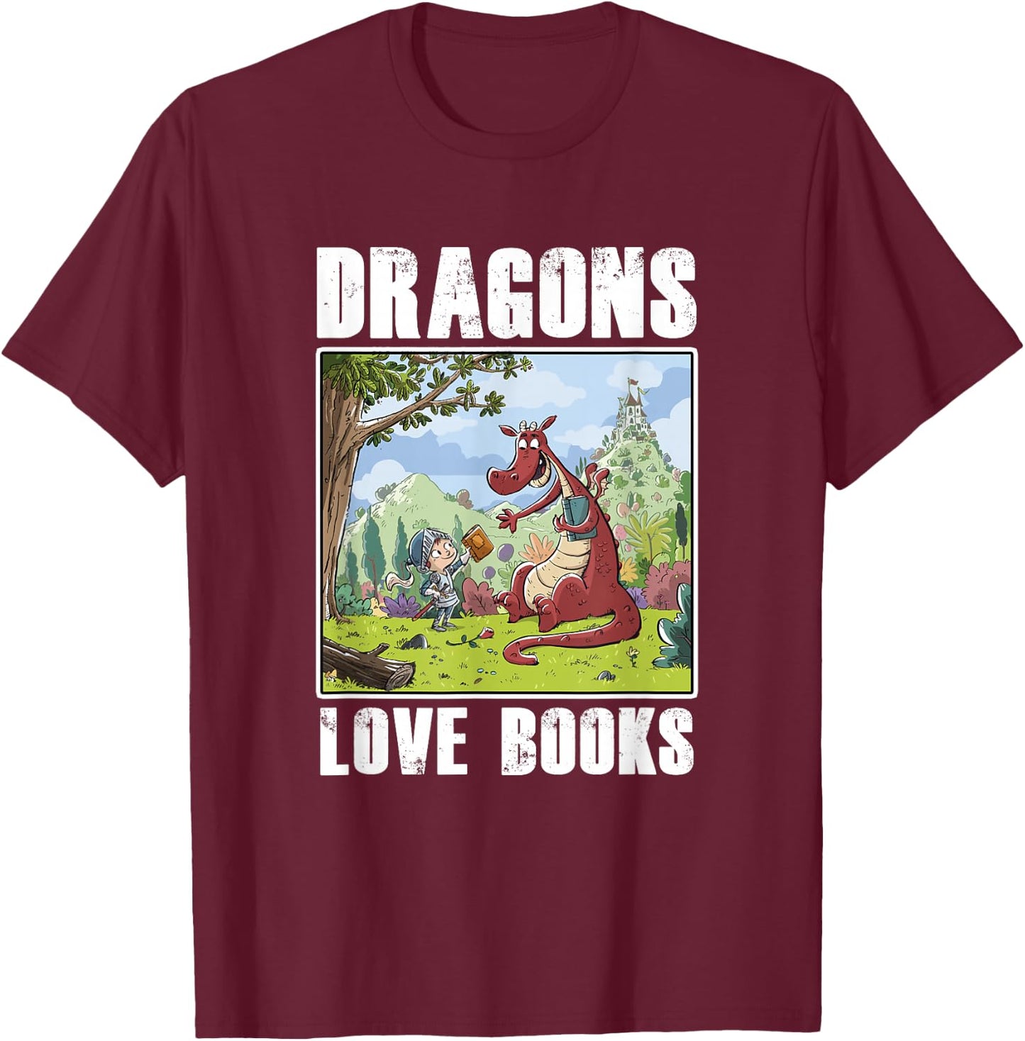 Dragons Love Books Book Lover Literature Read Reading Gift T-Shirt - T-Shirt | Maroon
