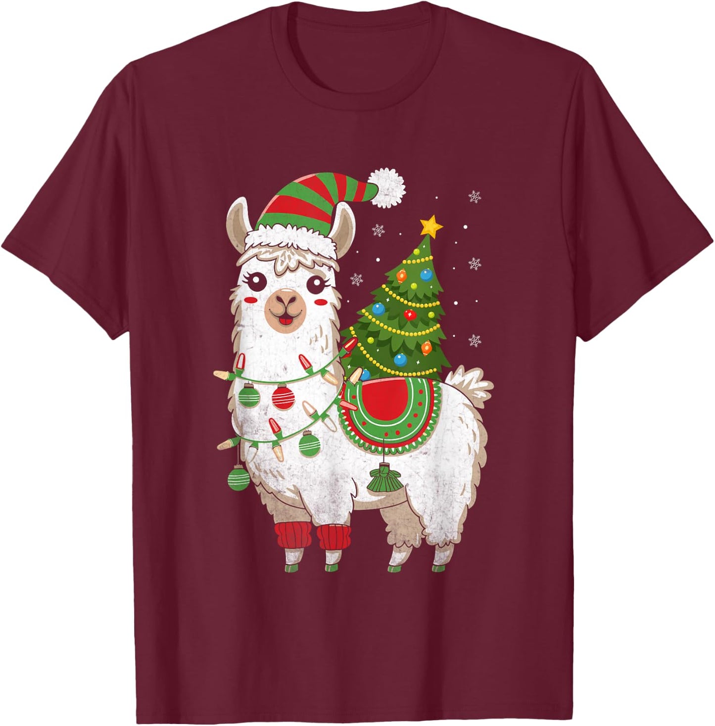 Llama Christmas Tree Cute X-mas Lights Festive Holiday T-Shirt - T-Shirt | Maroon