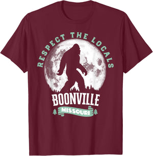Boonville Missouri Respect the Locals Bigfoot Sasquatch Moon T-Shirt - T-Shirt | Maroon
