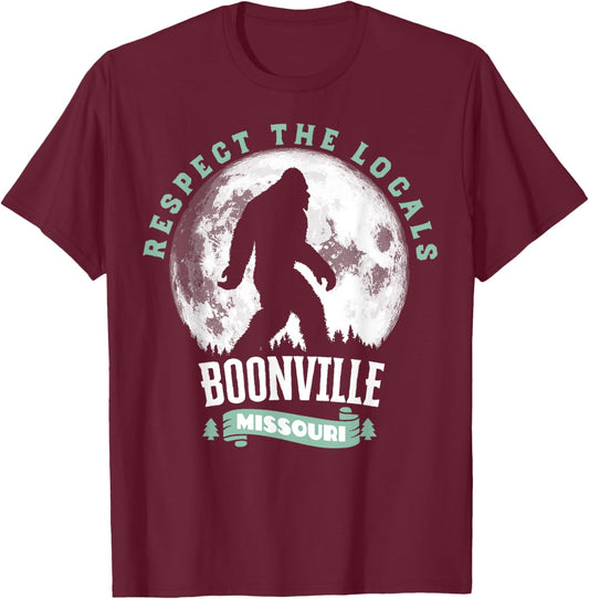Boonville Missouri Respect the Locals Bigfoot Sasquatch Moon T-Shirt - T-Shirt | Maroon