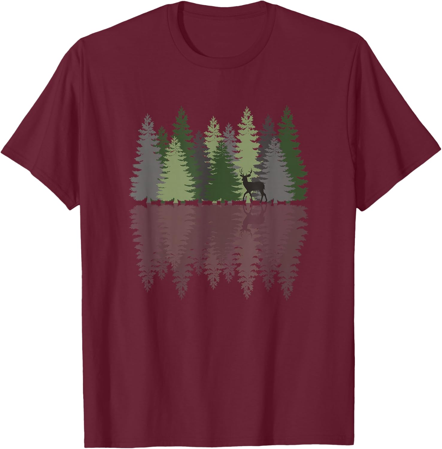 Forest Reflection Nature Trees Woods Deer Outdoor Camper T-Shirt - T-Shirt | Maroon