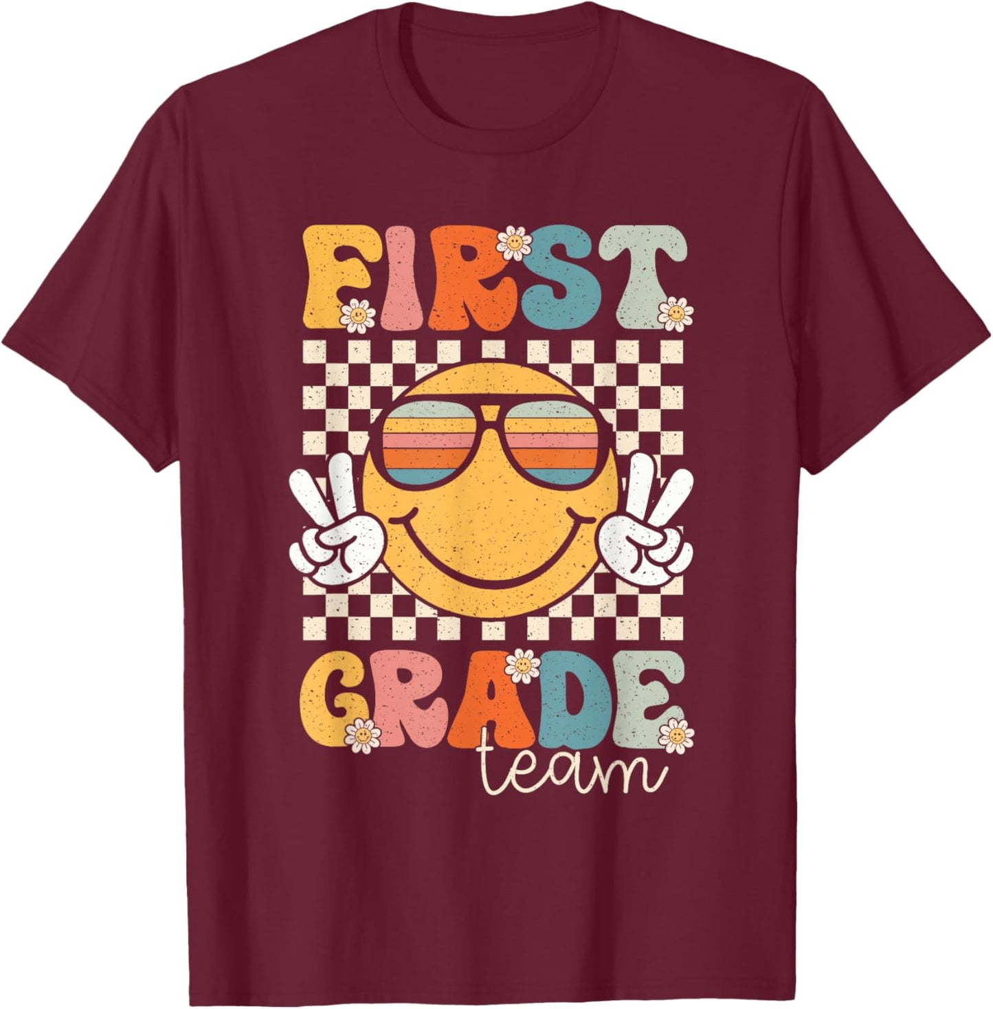 First Grade Team Smile Retro 1st Day of School 1st Grade T-Shirt - T-Shirt | Maroon