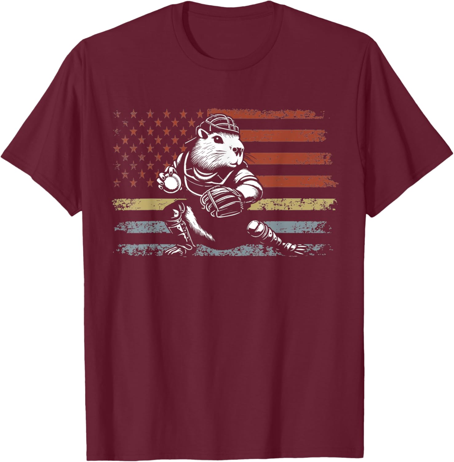 Capybara Baseball Retro Usa Flag Capybara Catcher Baseball T-Shirt - T-Shirt | Maroon