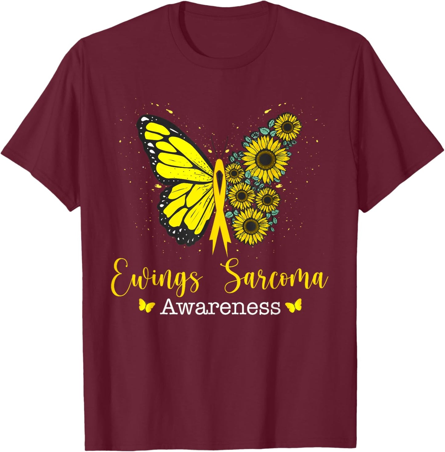 Ewings Sarcoma Cancer Awareness Butterfly & Sunflower T-Shirt - T-Shirt | Maroon