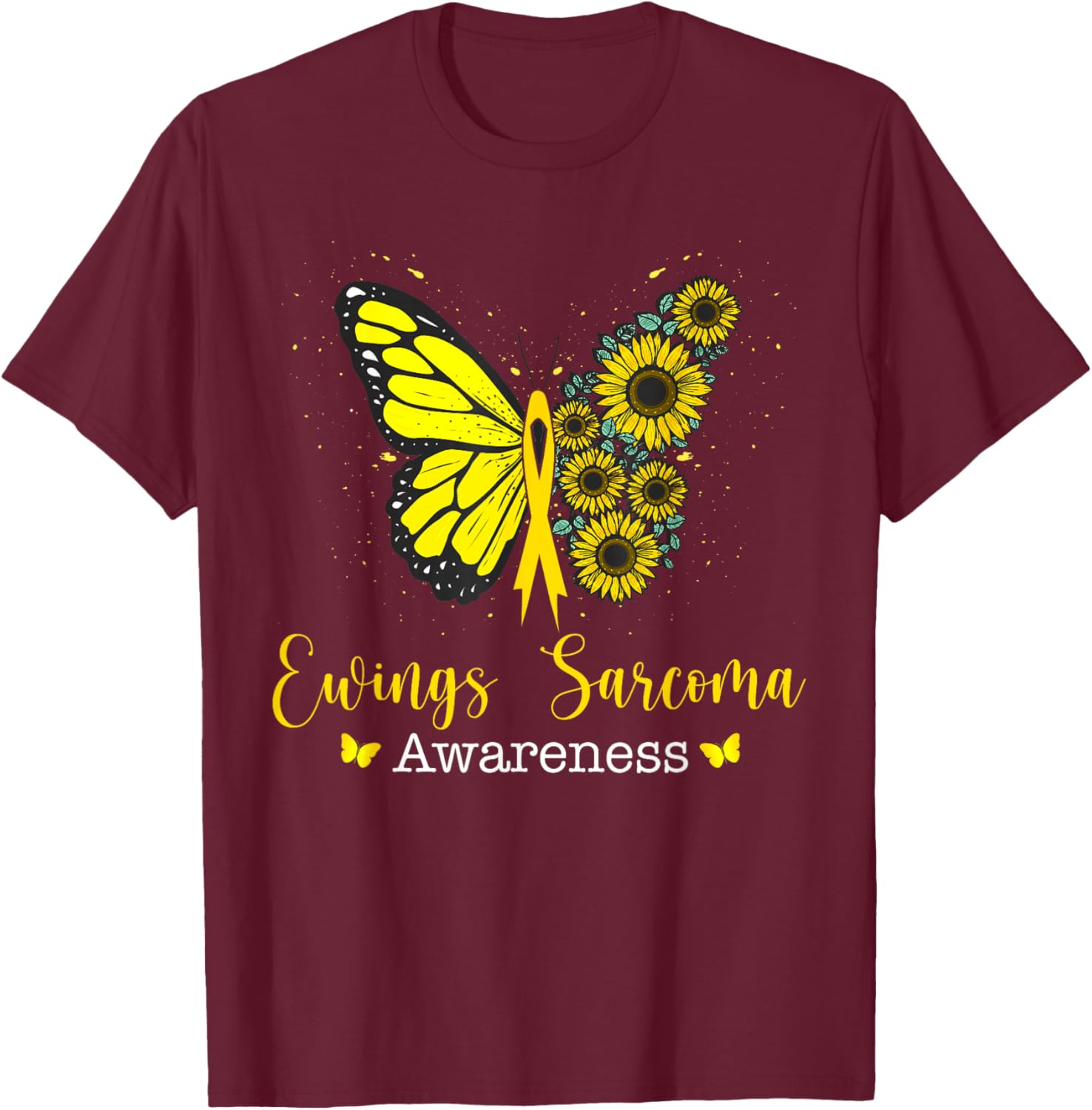 Ewings Sarcoma Cancer Awareness Butterfly & Sunflower T-Shirt - T-Shirt | Maroon