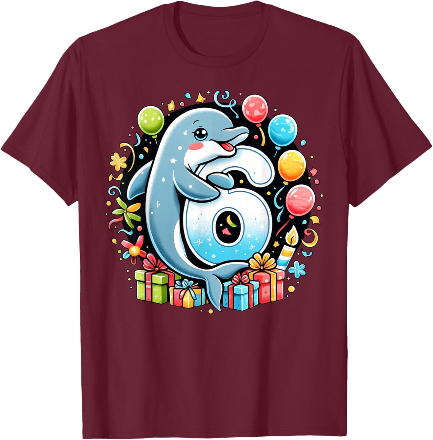 Kids Dolphin Theme sixth Bday Party 6th Dolphin Birthday T-Shirt - T-Shirt | Maroon