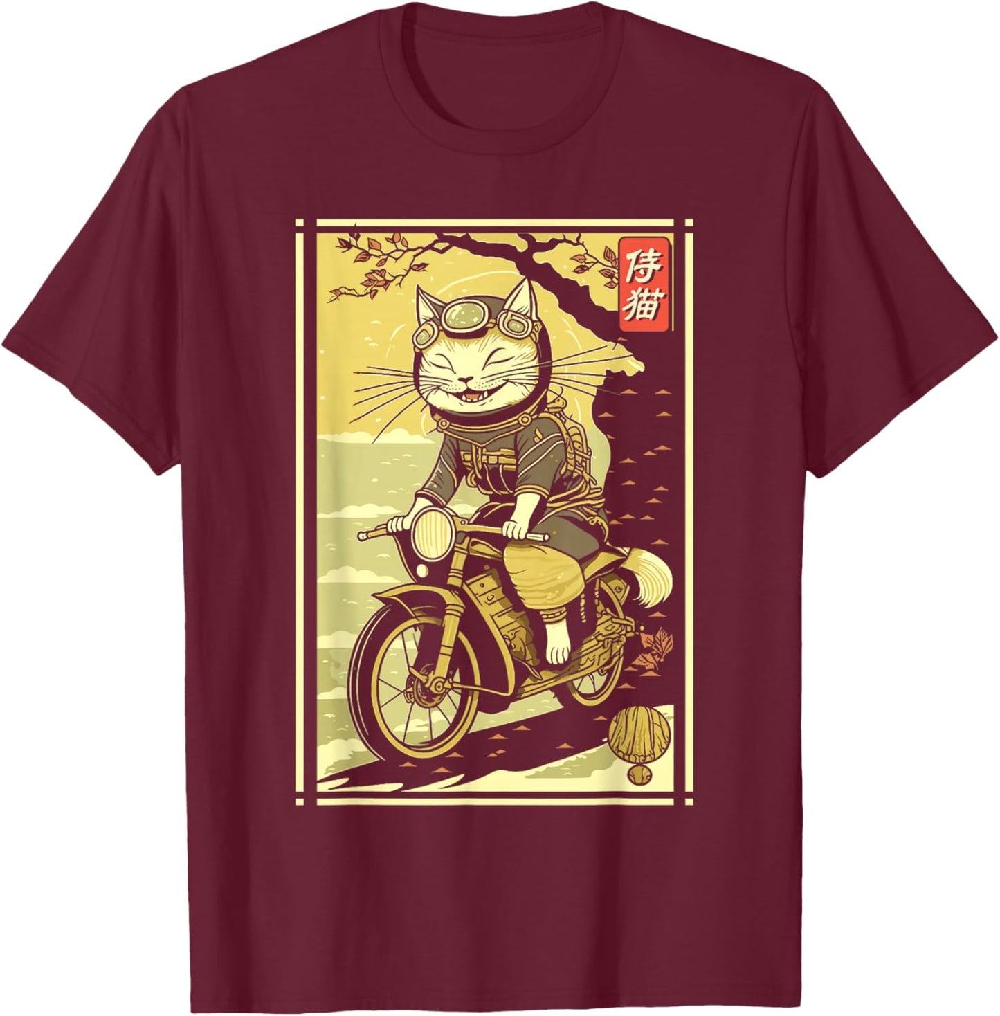 Japanese Samurai Cat on Motorcycle Kawaii Ninja Cat T-Shirt - T-Shirt | Maroon
