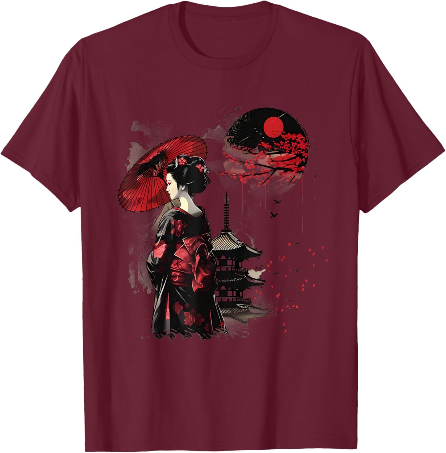 Japanische Geisha-Pagode Kimono Geisha Mädchen Traditionelle Kunst T-Shirt - T-Shirt | Maroon