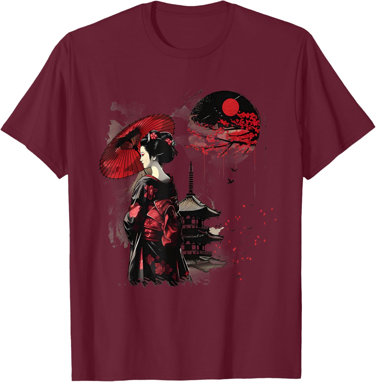 Japanische Geisha-Pagode Kimono Geisha Mädchen Traditionelle Kunst T-Shirt - T-Shirt | Maroon