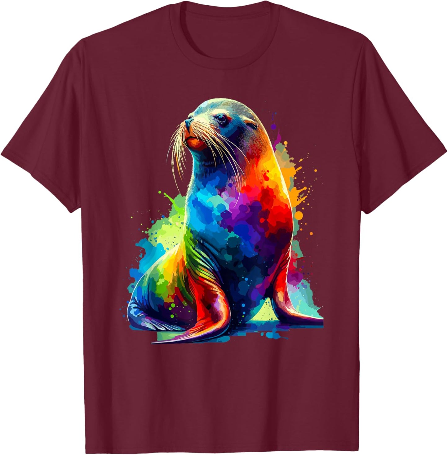 Colorful Splash Art Sea Lion Sea Lions T-Shirt - T-Shirt | Maroon