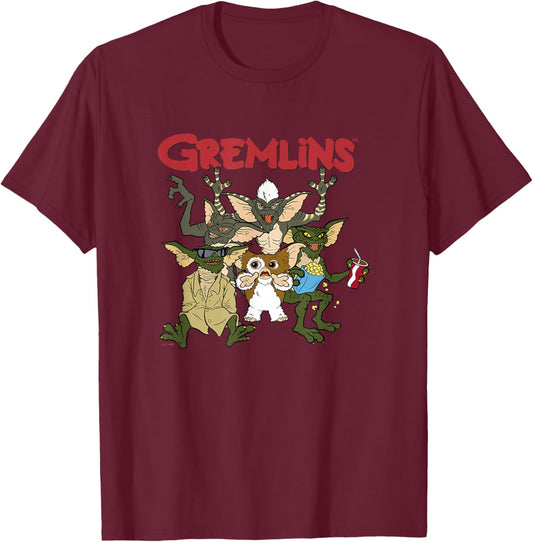 Gremlins Vintage Retro Watch Party Group Shot T-Shirt - T-Shirt | Maroon