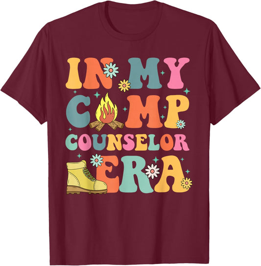 In My Camp Counselor Era Retro Groovy Summer Camp Counselor T-Shirt - T-Shirt | Maroon