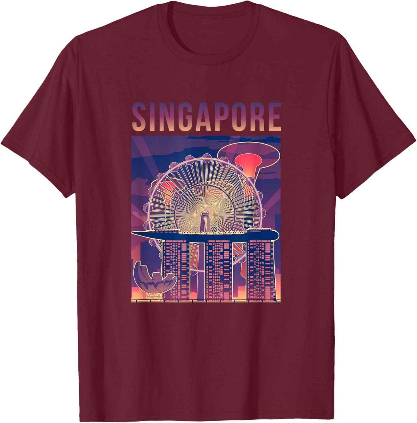 Singapore Travel Outfit City Skyline With Iconic Landmarks T-Shirt - T-Shirt | Maroon