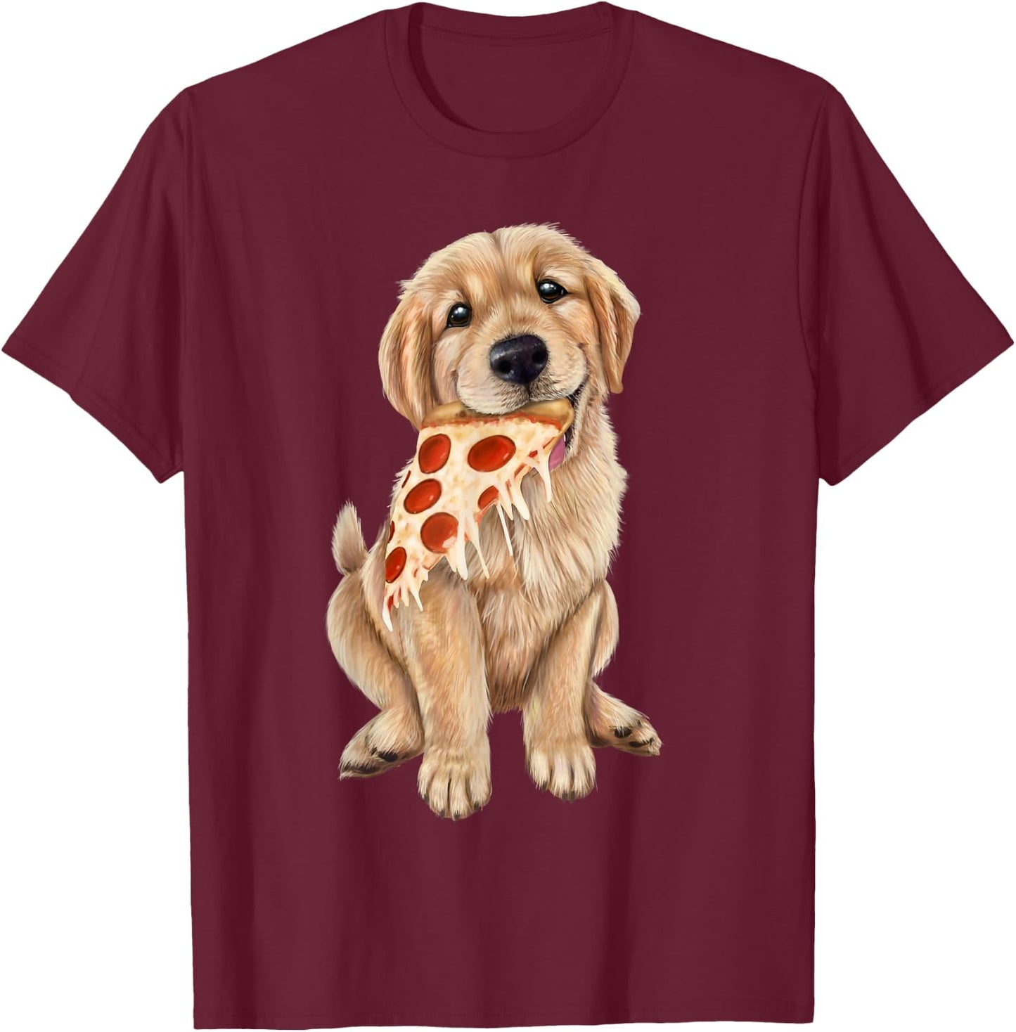 Golden Retriever eating pizza - puppy with a slice of pizza T-Shirt - T-Shirt | Maroon