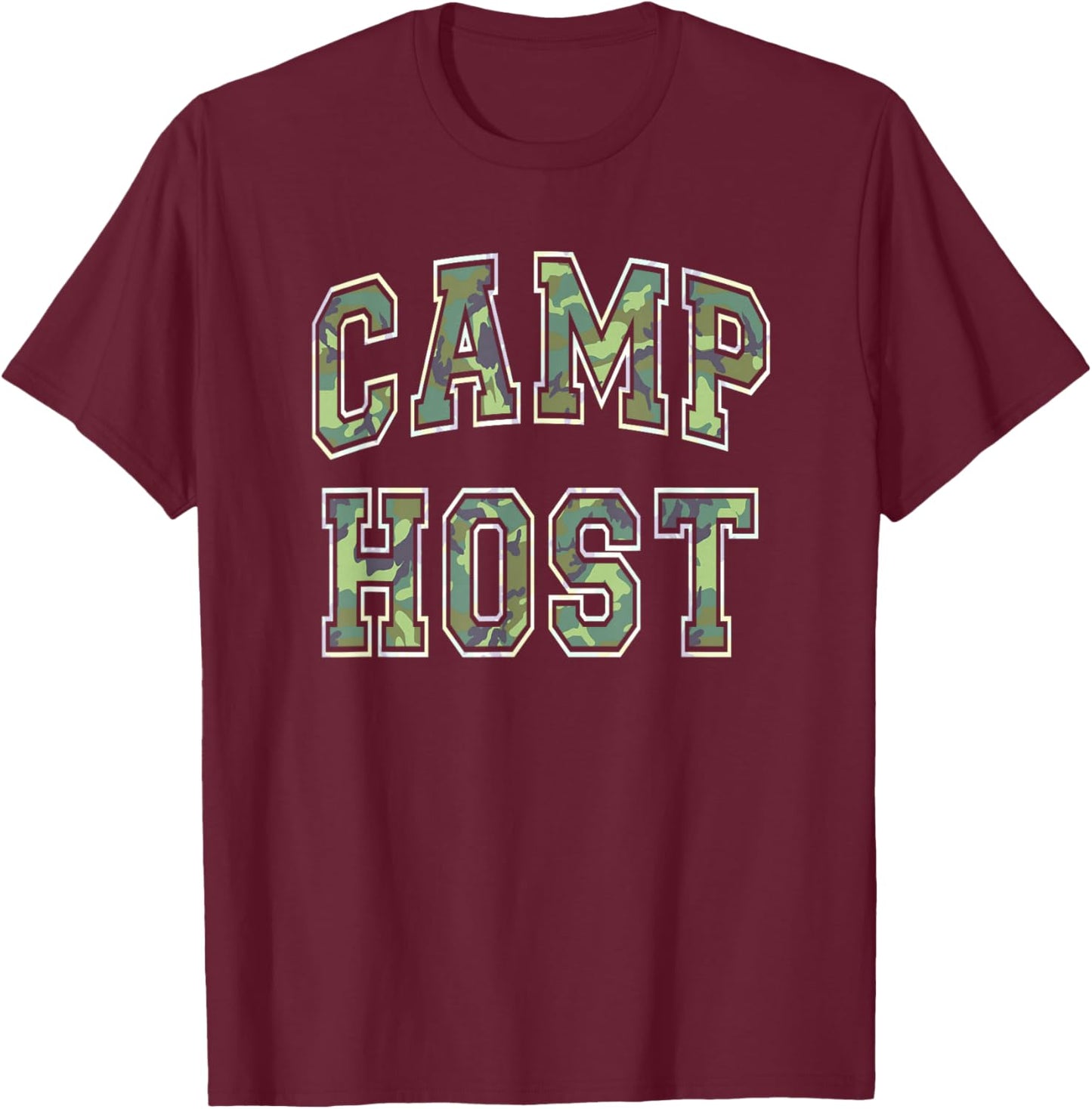 Camo CAMP HOST Summer Campfire Staff Squad Director Team T-Shirt - T-Shirt | Maroon