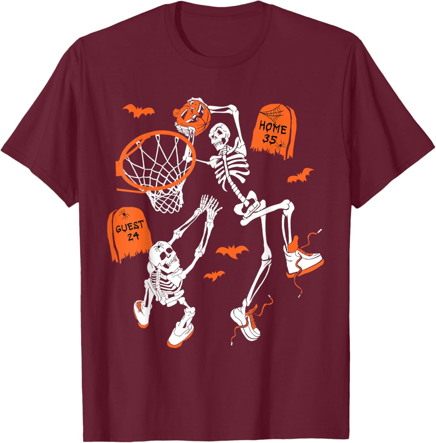 Spooky Skeleton Dunking Basketball Graveyard Halloween T-Shirt - T-Shirt | Maroon