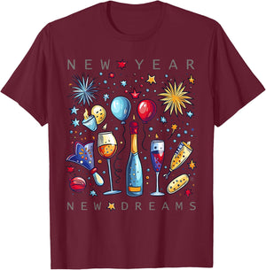 Happy New Year New Dreams 2025 Family Matching Fireworks T-Shirt - T-Shirt | Maroon