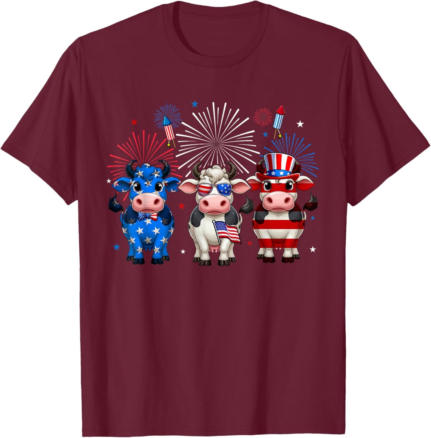 Three Red Blue White Cute Cows 4th Of July Farmer Rancher Kids Men T-Shirt - T-Shirt | Maroon