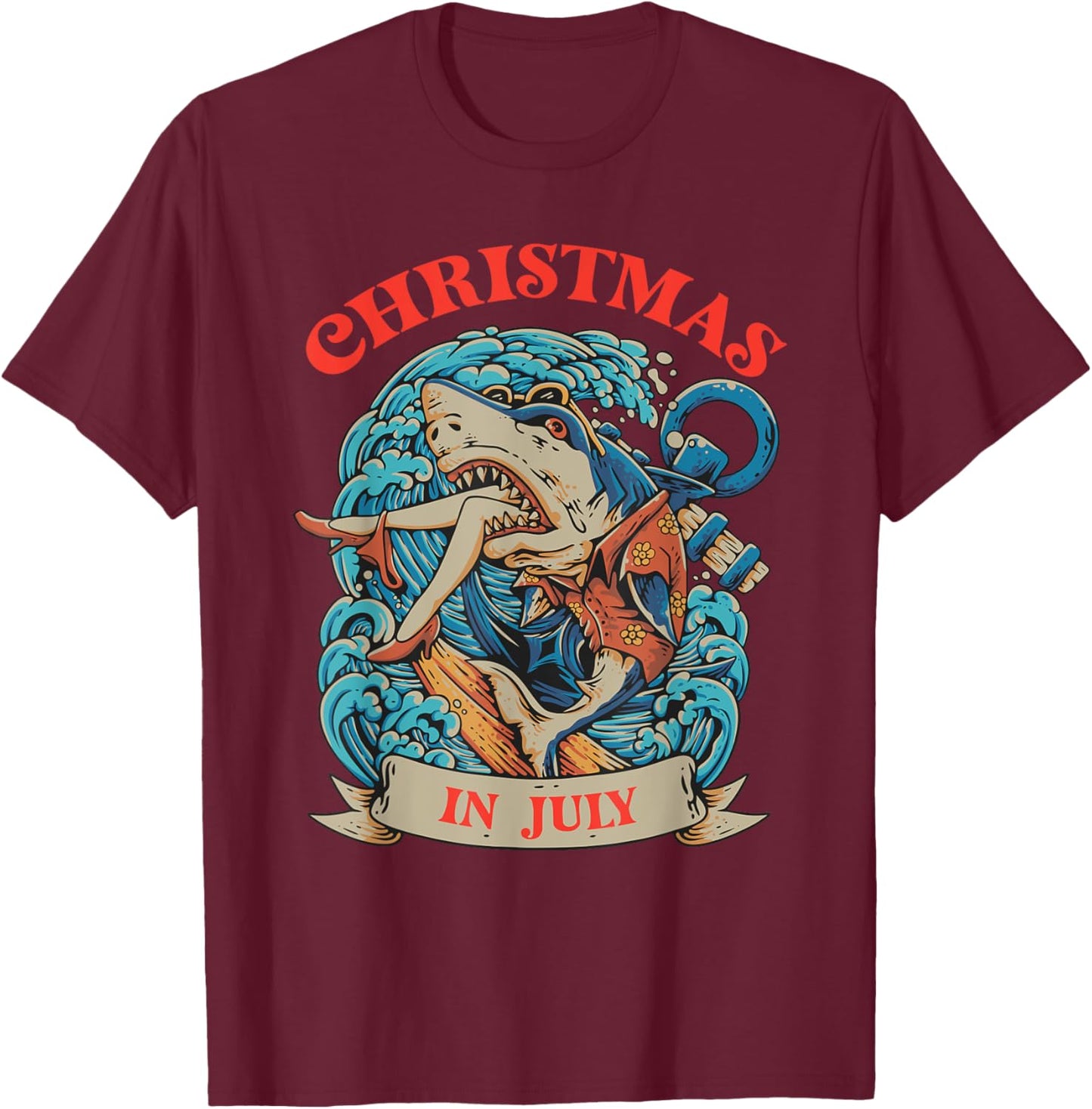 Christmas in July Summer Shark Vacation Xmas Surprise Men Women Kids T-Shirt - T-Shirt | Maroon