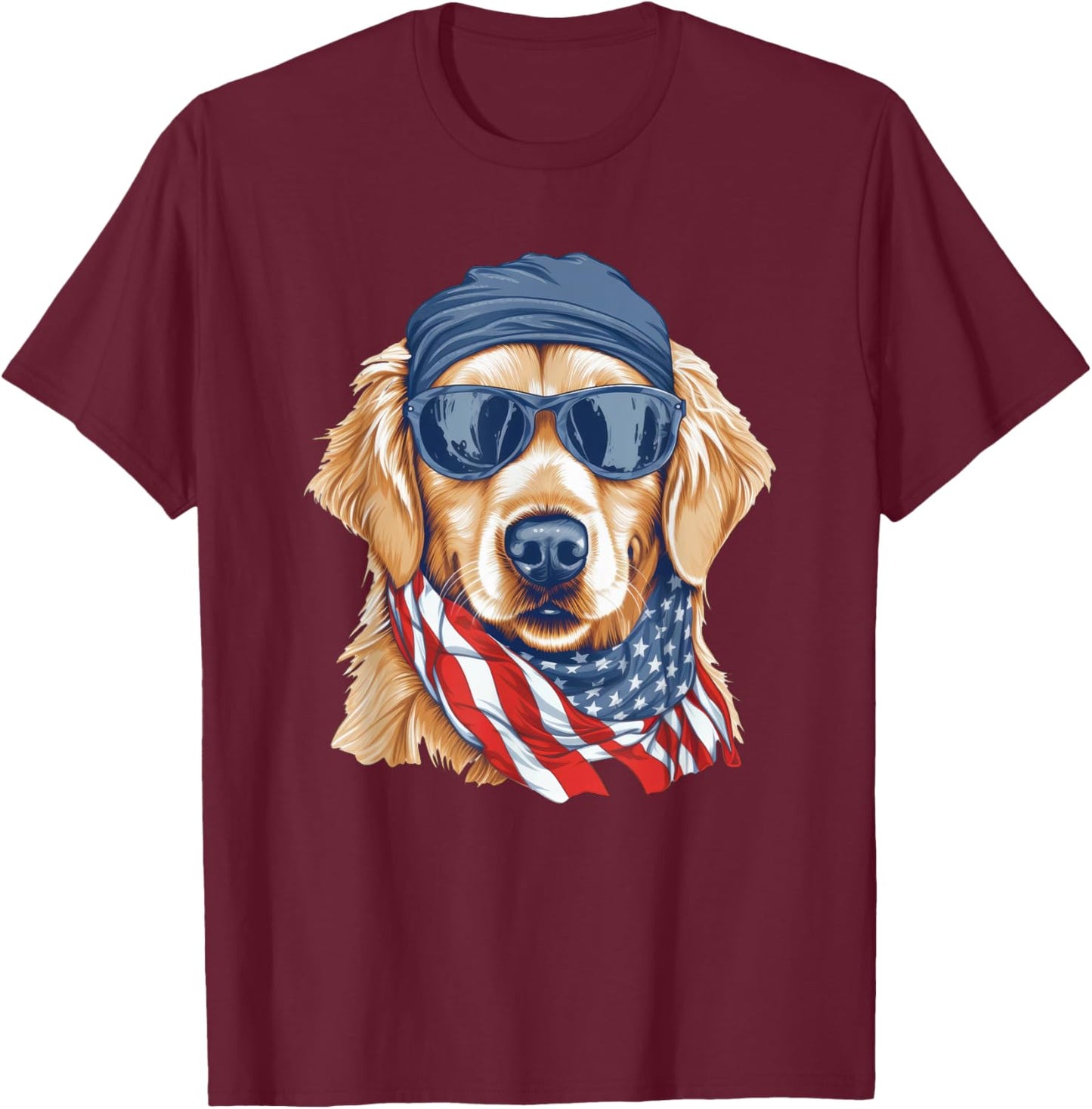 Golden Retriever Sunglasses Bandana Patriotic American Flag Women Kids Men T-Shirt - T-Shirt | Maroon
