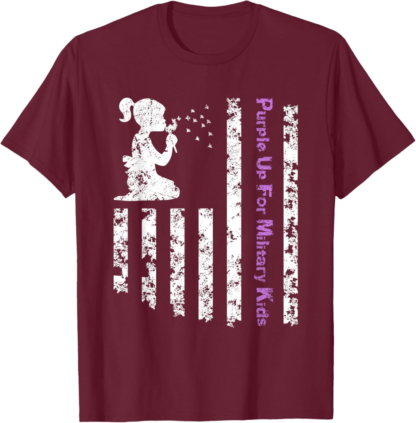 Purple Up For Military Kids Army Child Dandelion US Flag T-Shirt - T-Shirt | Maroon