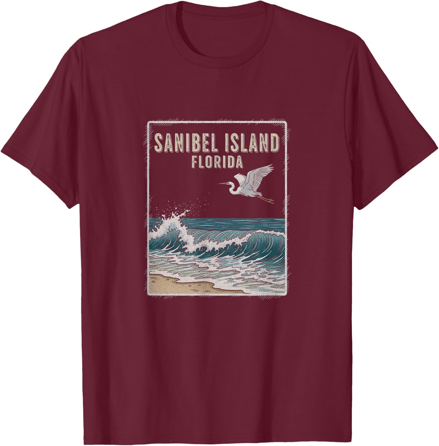 Vintage Sanibel Island Florida Drawing Art Design T-Shirt - T-Shirt | Maroon